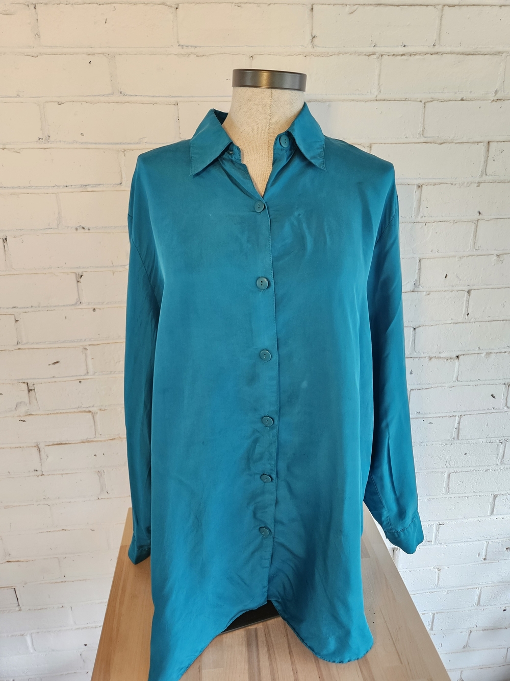VTG 90s Diane von Furstenberg Silk Oversized Button Down Teal Tunic M/L DVF